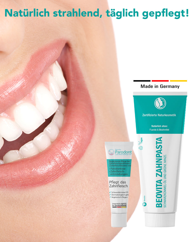Das perfekte Duo für deine tägliche Zahnpflegeroutine - 1x BeoVita Zahnpasta fluoridfrei 75ml + 1x Parodontose-Gel 10ml