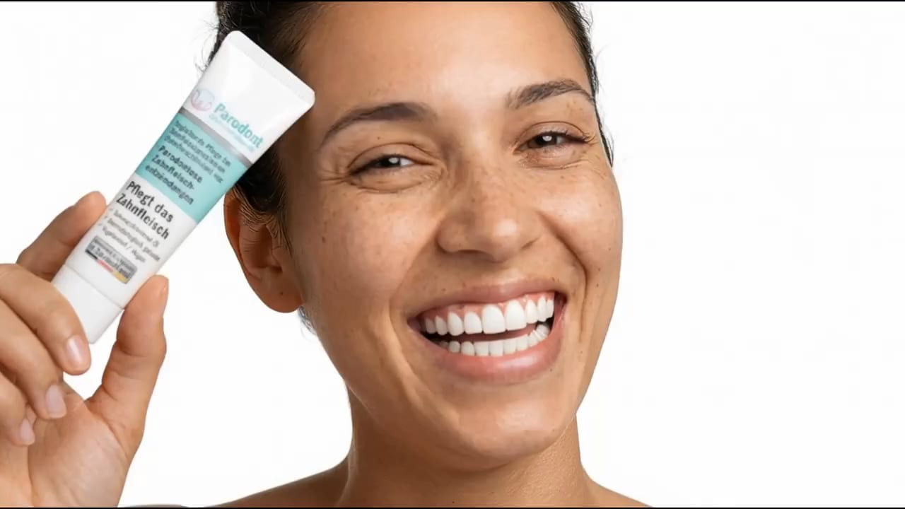Lächelnde Frau hält eine Tube Beovita Parodont-Gel neben ihr Gesicht